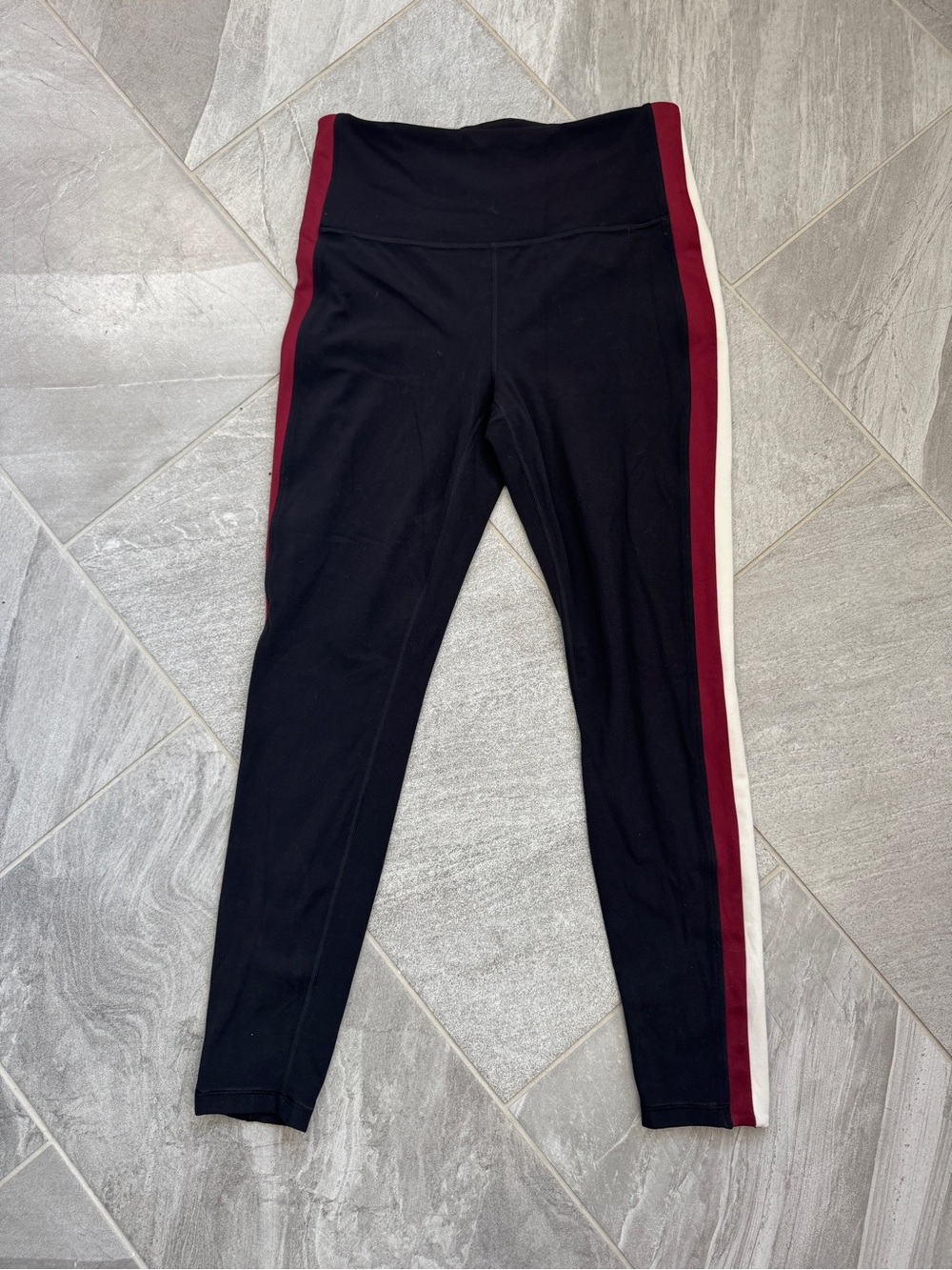 Athleta Black Leggings with Burgundy and White Side Stripes; sporty athleisure